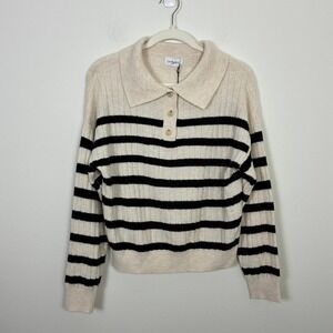 Carly Jean Los Angeles‎ Striped Ribbed Polo Sweater Women's XS Preppy Neutral